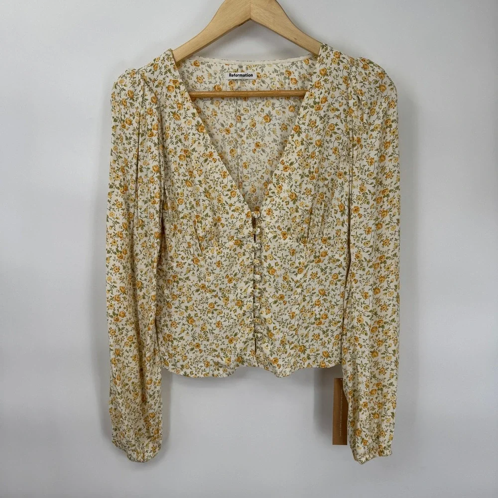 Reformation Floral Long Sleeve Button Front Top White Yellow Small Country NWT
